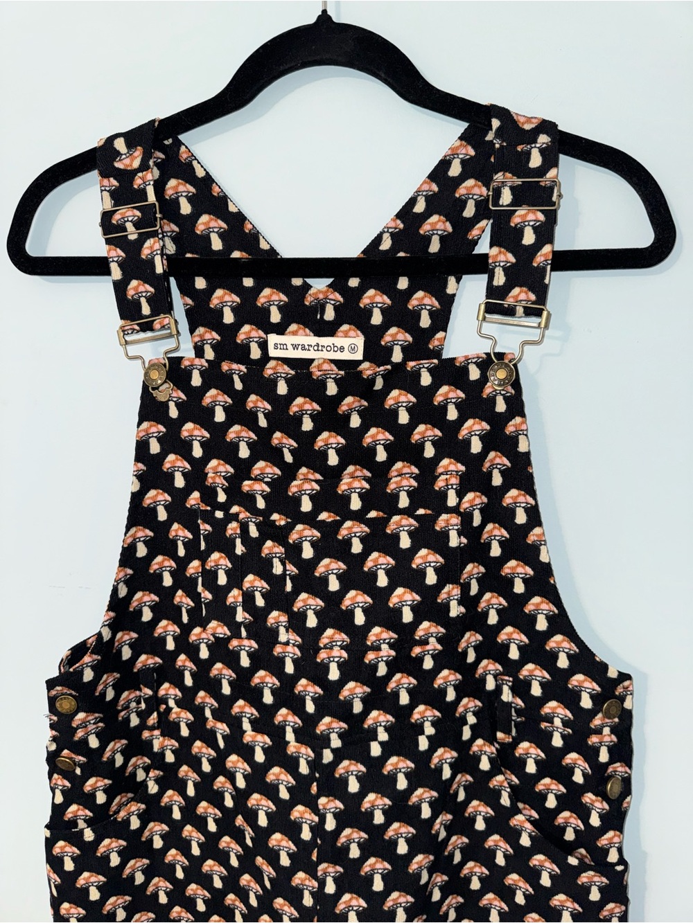 Black Mushroom Print Corduroy Overall Dress by sm wardrobe